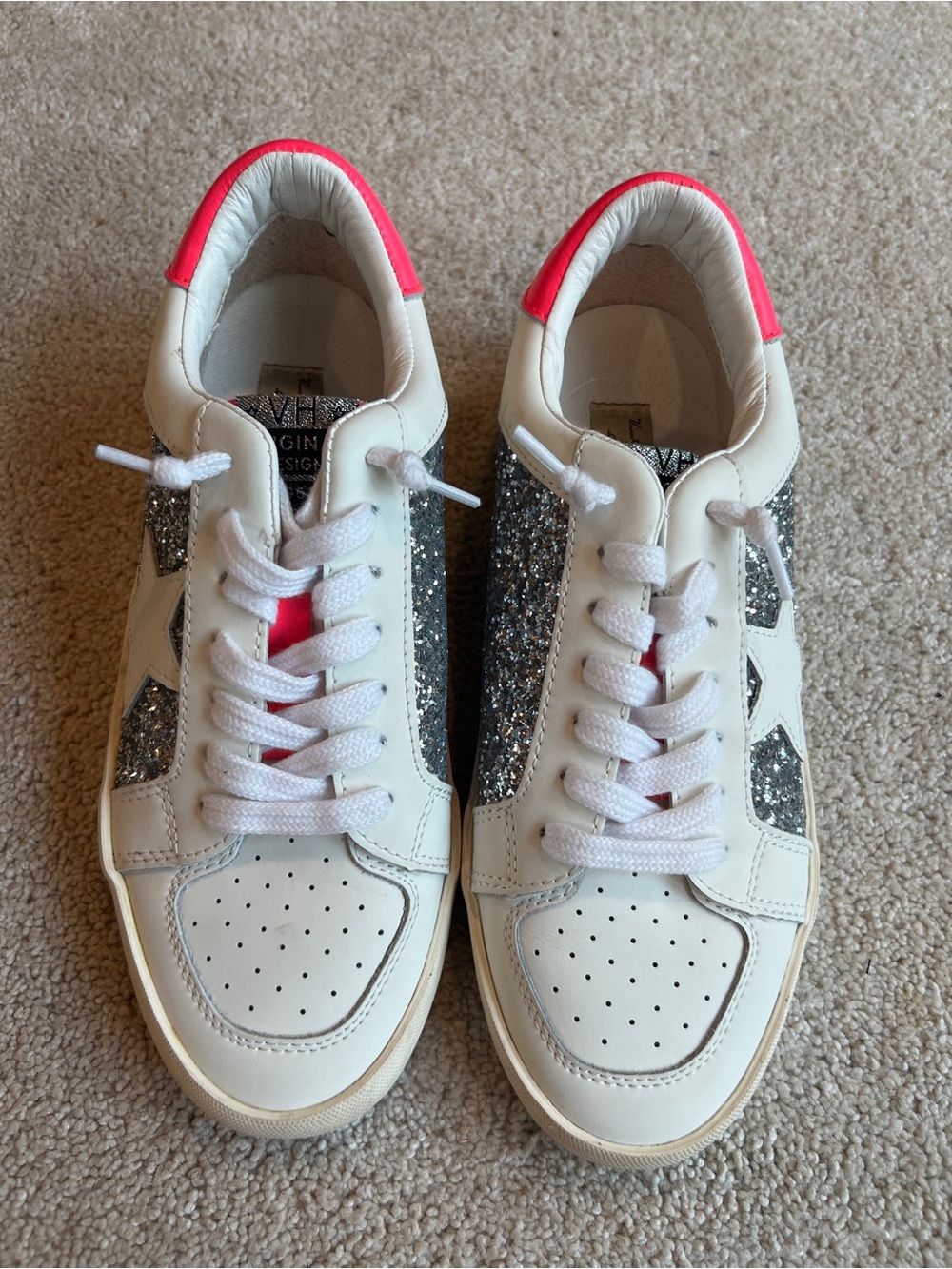 Vintage Havana White Sneakers with Silver Glitter & Pink Accents